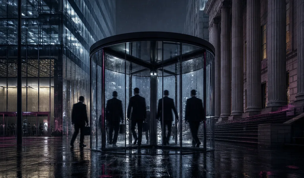 Porta giratória entre um banco e uma agência reguladora — metáfora da captura regulatória