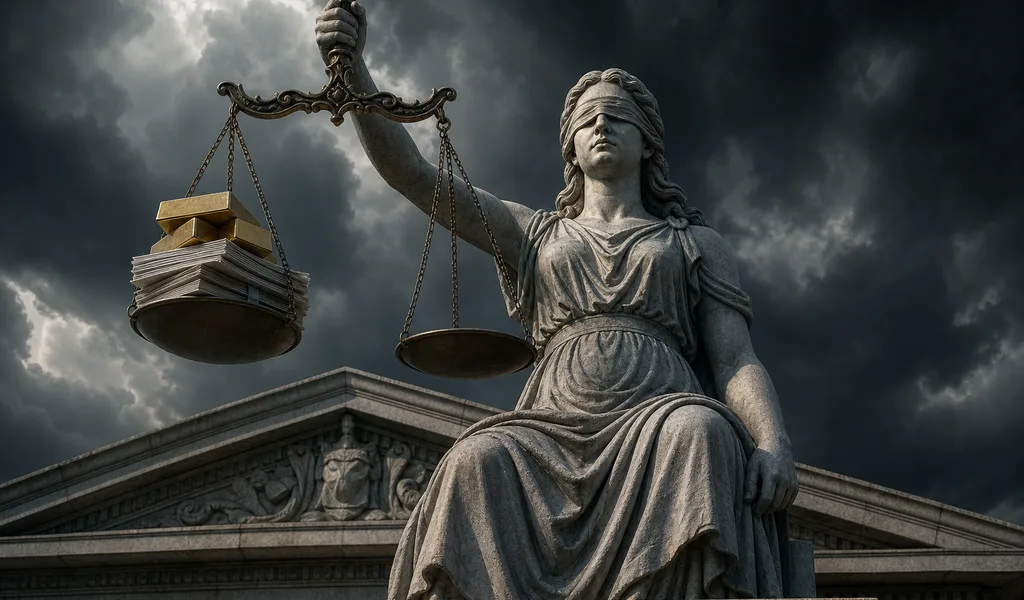 Estátua da Justiça com balança manipulada: lado pesado sobe, lado vazio desce — dosimetria invertida