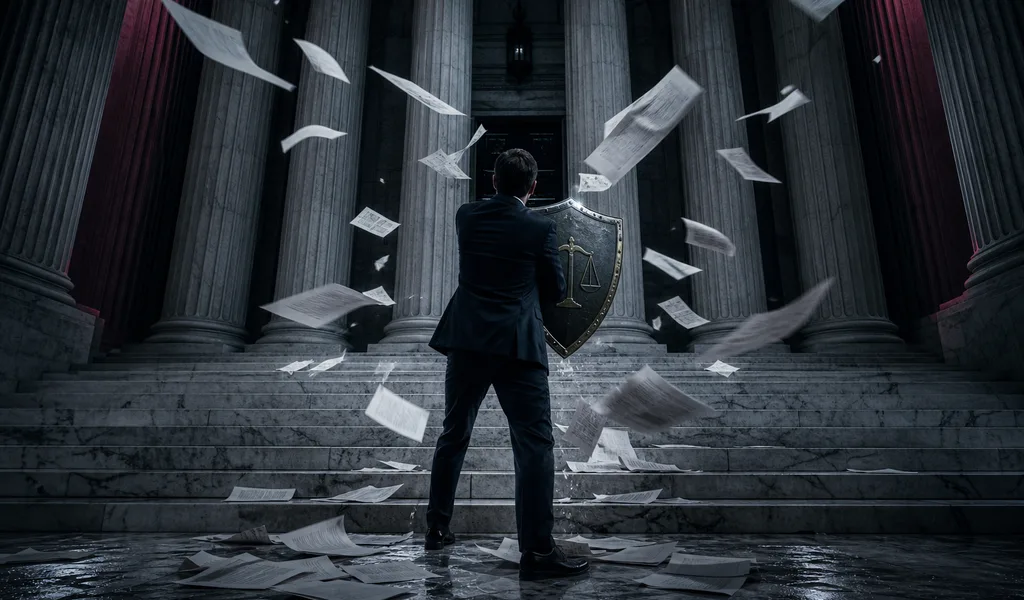 Figura de costas segurando escudo jurídico ao pé dos degraus do Supremo — documentos deflectidos pelo foro privilegiado