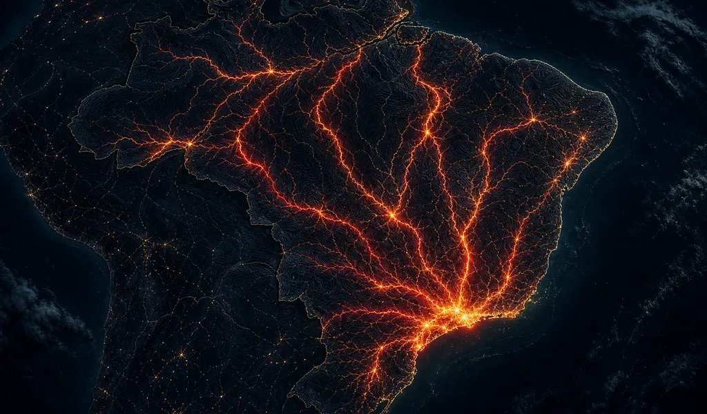 Mapa topográfico noturno do Brasil com rios de luz âmbar marcando os fluxos de corrupção pelo território