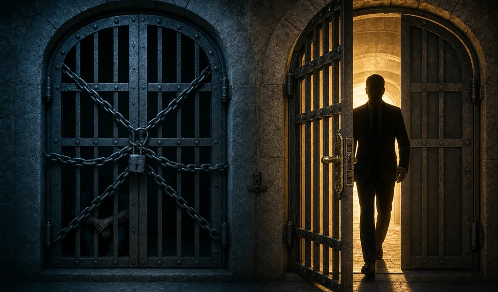 Duas portas de cela idênticas: uma trancada com correntes, outra aberta — duplo padrão no acesso ao habeas corpus