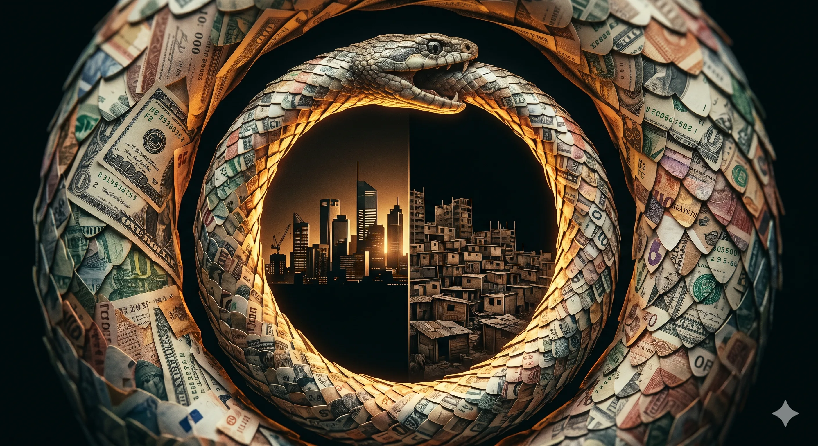 Ouroboros formado por cédulas de dinheiro envolvendo skylines industriais que se degradam em favelas — loop de extração perpétua